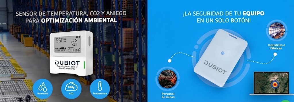 Banner Dubiot: sensor de temperatura, CO₂ y humedad para optimización ambiental en depósitos, y botón de seguridad para el personal de minas e industrias