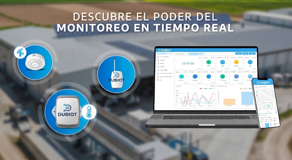 Banner Dubiot de monitoreo en tiempo real con sensores, gateway, plataforma web y app móvil