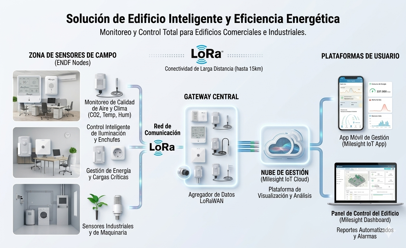 Diagrama de solución de edificio inteligente y eficiencia energética con sensores LoRa, gateway central y plataforma en la nube