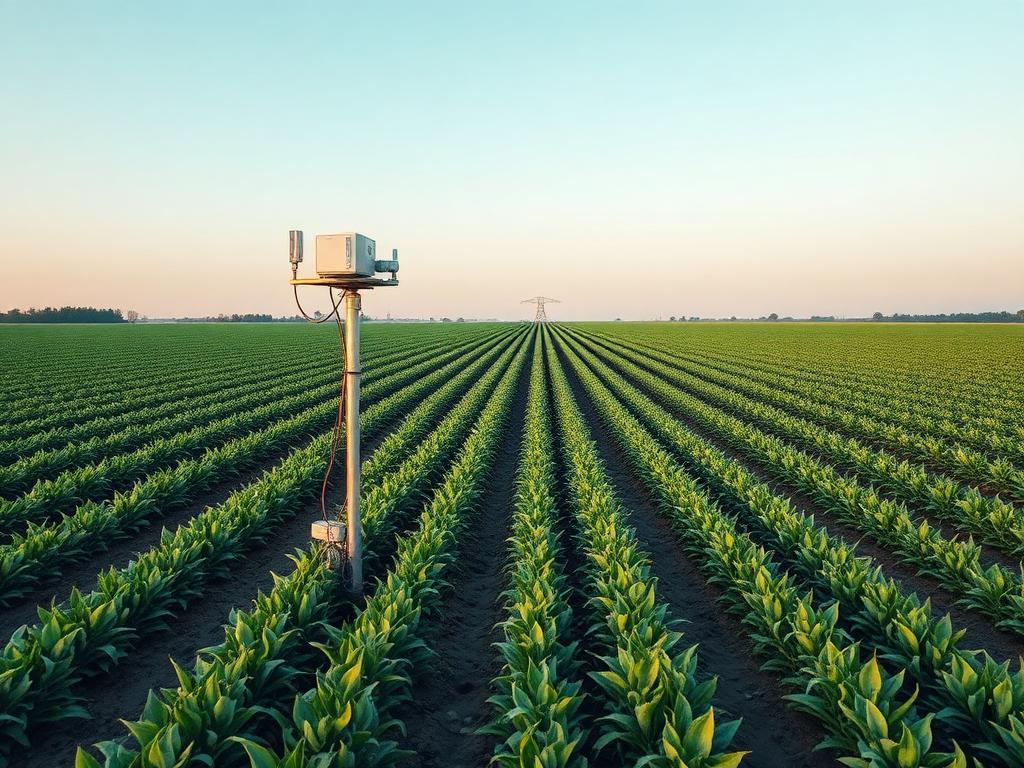 Campo de cultivo con estación meteorológica y sensores de suelo