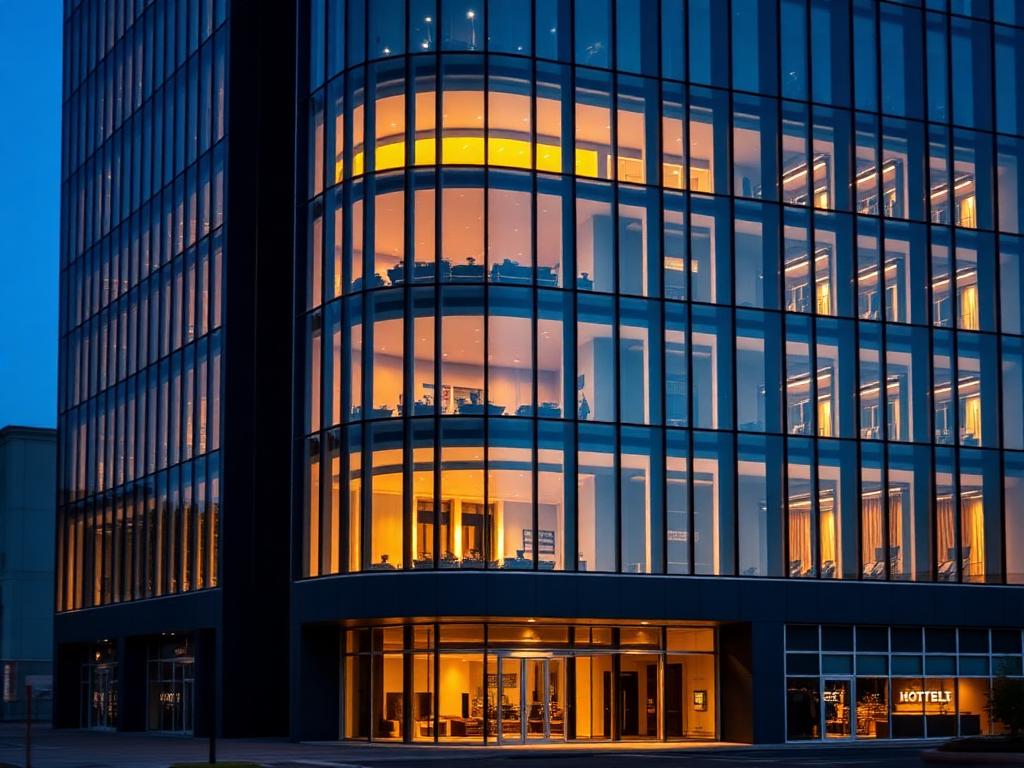 Fachada de edificio corporativo y hotel moderno iluminado al atardecer