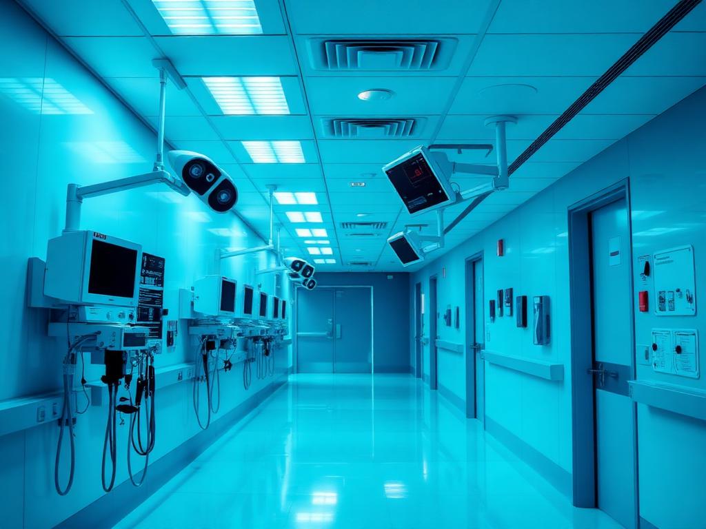 Pasillo hospitalario con equipos de monitoreo clínico y ambiental