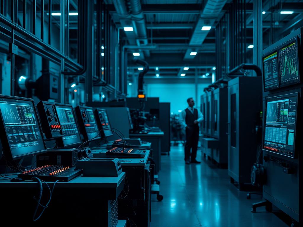 Sala de control industrial con tableros de monitoreo y operario supervisando