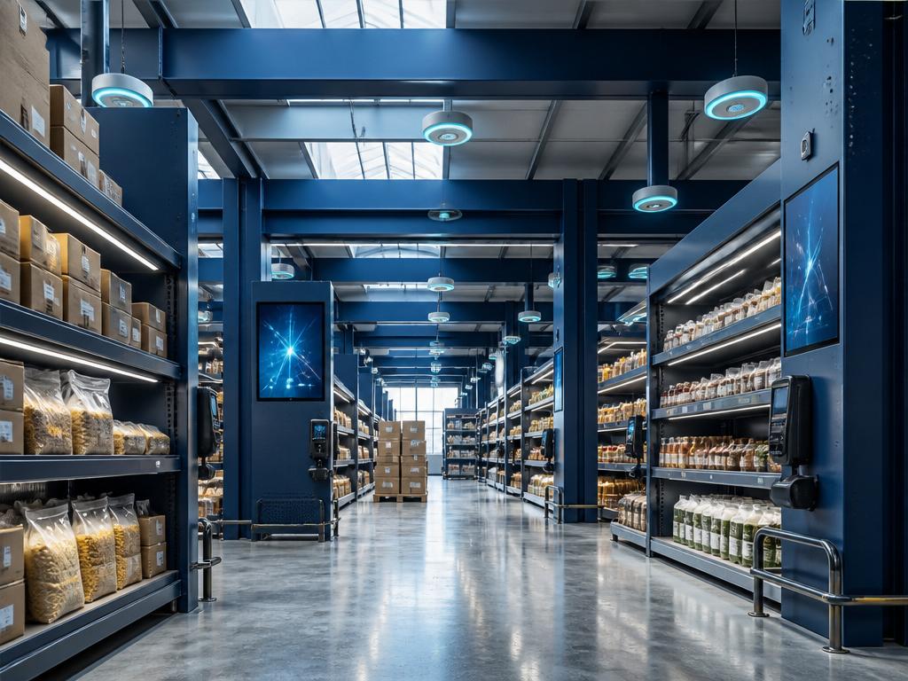 Centro de distribución retail con estanterías, sensores IoT y monitoreo ambiental
